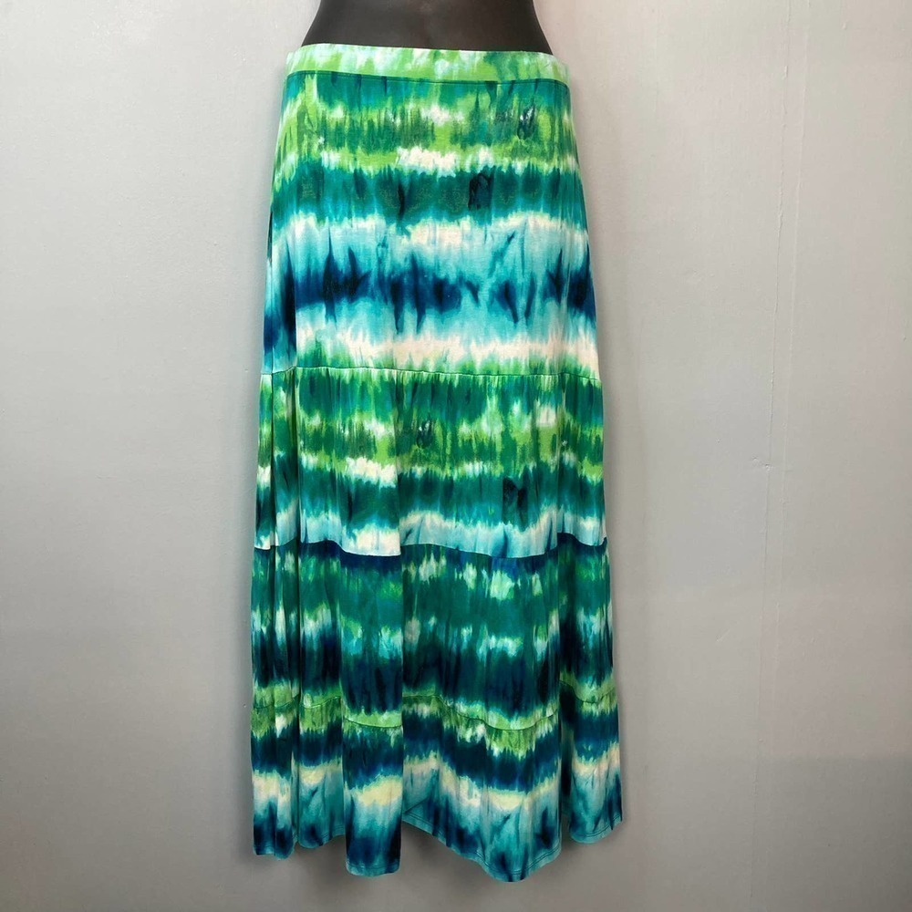 CHICO'S Bright Green Blue Striped Tie Dye Tiered Maxi Skirt Elastic Waist Size S